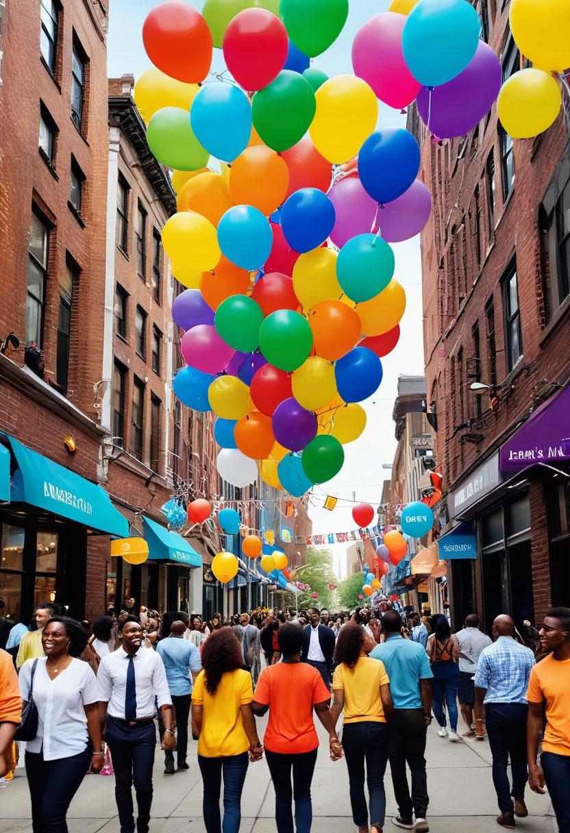 A vibrant scene depicting a diverse group of people joyfully networking in a lively urban setting, with colorful banners and balloons symbolizing connection and collaboration. The individuals are engaged in conversations, sharing ideas, and celebrating their differences, creating an atmosphere of inclusivity and joy. Incorporate elements like floating speech bubbles filled with positive words and icons representing unity. super-realistic. vibrant colors. 3D.