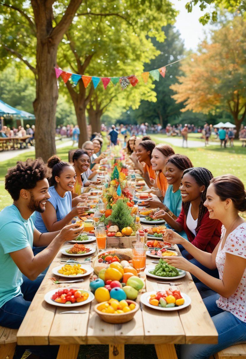 A vibrant community scene showcasing diverse people connecting and collaborating in a park, exchanging ideas over a picnic table filled with colorful food, trees adorned with handmade decorations, and smiling faces reflecting joy and creativity. Bright colors and a lively atmosphere illustrate the spirit of teamwork and engagement. super-realistic. bright colors. outdoor setting.