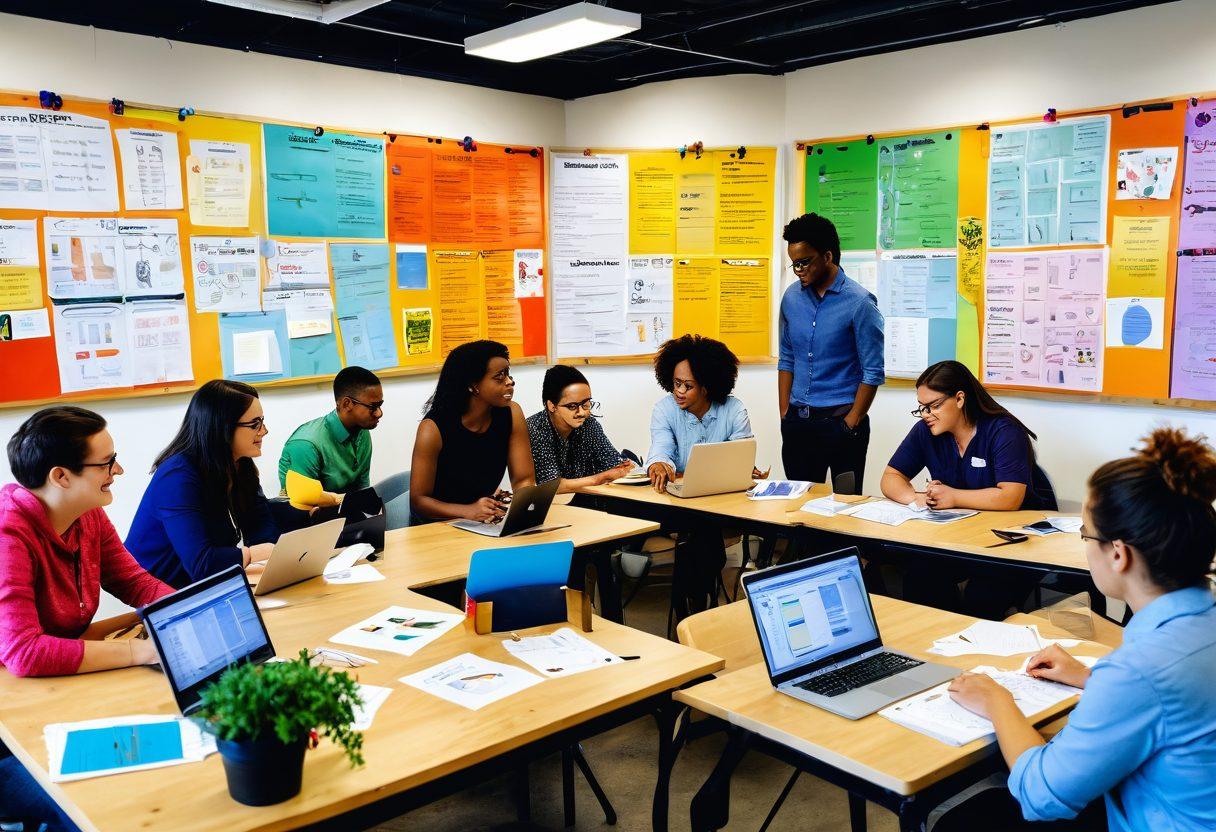 A vibrant community workshop scene, featuring diverse individuals collaborating over various tools and strategies, surrounded by posters of resources and ideas. Include elements like clipboards, laptops, and graphs showing growth, highlighting teamwork and engagement. The setting should feel welcoming and dynamic, with colorful decorations and plants adding life. super-realistic. vibrant colors. energetic atmosphere.